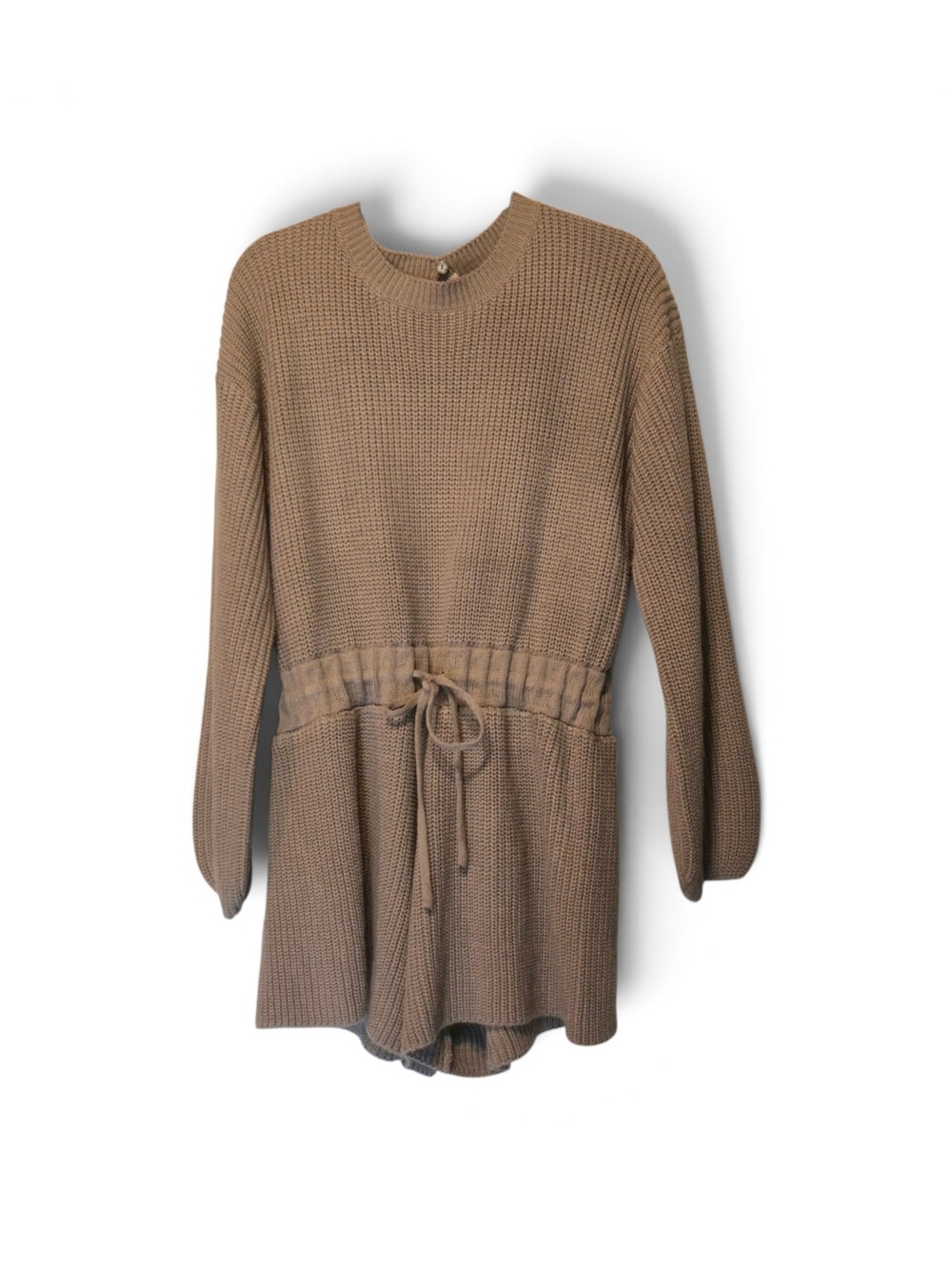 Knit Drawstring Romper in Brown - Picture 1 of 6